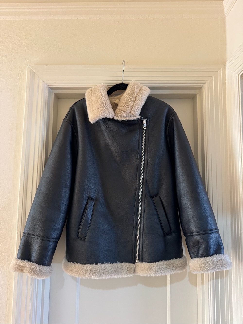 Black Vegan Leather Shearling Jacket with Cream Trim